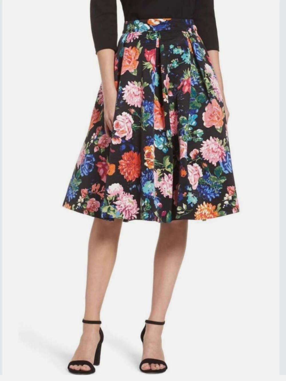 Eliza J Black Pop Floral Circle Midi Skirt with Tulle Underlay